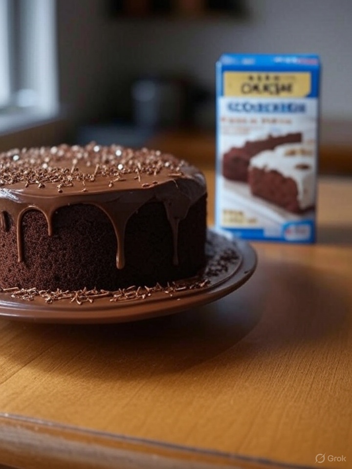 Cake next to a box of cake mix